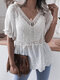 Crochet Lace Embroidery Hollow Solid Short Sleeve V-neck Blouse - White