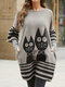 Vintage Cat Striped Printed Long Sleeve O-neck Dress - Gray