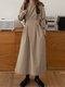 Solid Pocket Split Ремень С круглым вырезом с длинным рукавом Шея Повседневная одежда Платье - Бежевый