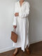 Solid Color Long Sleeve Lapel Collar Knotted Dress For Women - White