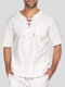 Mens Solid Drawstring V-Neck Cotton Short Sleeve T-Shirt - White