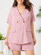 Plain V-neck Button Pocket Short Sleeve Two-piece Plus Size Suit - Pink