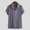 Mens Ethnic Stripe Printed Chest Pocket Turn Down Collar Short Sleeve Loose Shirts - Navy Blue