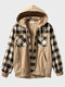 Mens Plaid Patchwork Multi Pocket Casual Hooded Jacket Winter - Khaki