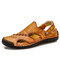 Men Closed Toe Hand Stitching Soft Non Slip Outdoor Leather Sandals - Yellow