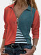 Striped Patchwork Lapel Collar Long Sleeve Zipper Blouse - Red