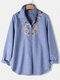 Flower Embroidered Long Sleeve Lapel Shirt For Women - Blue