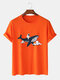 Mens Astronaut Whale Print Crew Neck Short Sleeve Cotton T-Shirts - Orange