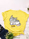 Cartoon Cat Printed O-neck Short Sleeve T-shirt - Yellow
