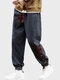Мужская лоскутная одежда с этническим геометрическим принтом и свободной талией на шнурке Брюки зима - Темно-синий