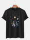 Mens Cartoon Planets Astronaut Print O-Neck Casual Loose T-Shirt - Black