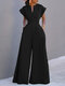 女性ソリッドノッチネック半袖ワイドレッグジャンプスーツ - 黒