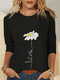 Simple Flower Print Long Sleeves Casual T-shirt For Women - Black