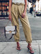 Solid Color Drawstring High Waist Elastic Casual Pants With Pockets - Khaki