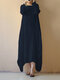 Vintage Asymmetrical Pure Color Long Sleeve Maxi Dresses - Navy