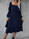 Solid Square Collar Shirred Long Sleeve Casual Dress - Navy