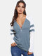 Contrast Color Zip Front V-neck Long Sleeve Casual T-shirt - Blue
