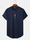 Mens Rose Floral Print High Low Sport Short Sleeve T-Shirts - Navy