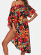 Flower Print Sloping Shoulder Plus Size Beaches Holiday Bikini Blouse - Red