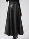 Women Solid Color PU Leather Casual High Waist Skirt - Black