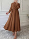 Solid A-line Zip Back Long Sleeve Stand Collar Maxi Dress - Coffee
