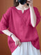 Solid V Neck Half Sleeve Casual Cotton Blouse - Rose