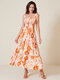 Vestido de balanço feminino franzido com estampa de flores - laranja