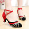Women Color Block Latin Dance Heeled Shoes Match Buckle Mid Heel Dance Shoes - Red