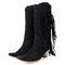 Women's Plus Size Pointed Toe Tassel Thick Heels Mid-Calf Cowboy Boots - Black
