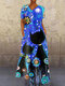 Cartoon Print V-neck Plus Size Maxi Dress for Women - Blue