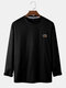 Mens Waffle Chest Embroidered Side Button Hem Long Sleeve T-Shirts - Black