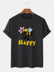 Mens 100% Cotton Bee Happy Printed Breathable Casual O-Neck Short Sleeve T-shirts - Black
