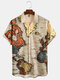 Mens All Over World Map Print Lapel Short Sleeve Shirts - Apricot