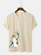 Mens Cartoon Cat & Whale Print Casual Short Sleeve T-Shirts - Khaki