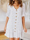 Dot Print V-neck Button Half Sleeve Dress for Women - White