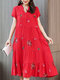 Women Loose Flower Print Short Sleeve V-neck Vintage Dress - Red