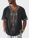 Mens Ethnic Geometric Pattern Patchwork Notched Neck Short Sleeve T-Shirts - Black