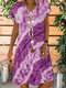 Tie-dye Printed V-neck Short Sleeve Midi Dress - Purple