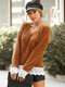 Solid Lace Patchwork Plush V-neck Sweater For Women - Brown