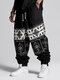 Pantalon ample à la taille avec cordon de serrage pour hommes, imprimé Floral ethnique monochrome, hiver - Noir