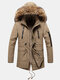 Mens Fleece Lined Winter Thicken Zip Detail Faux Fur Collar Hooded Coat - Khaki