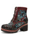 Socofy Retro Floral Embroidered Leather Side-zip Comfy Warm Lining Chunky Heel Short Boots - Wine Red