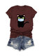 Camiseta feminina com estampa de gato manga curta e gola - Vinho vermelho