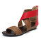 Women Comfy Rome Splicing Peep Toe Zipper Flat Sandals - Red