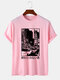 Mens Monochrome City View Japanese Print Cotton Short Sleeve T-Shirts - Pink