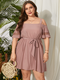 Casual Off Shoulder Belt Knotted Plus Size Dress for Women - Pink