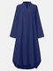 Solid Color Long Sleeve High-low Slit Hem Casual Dress - Navy