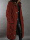 Women Solid Color Knitted Button Hooded Casual Cardigan With Pocket - Red