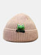 Unisex Knitted Solid Color Cartoon Frog Doll Decoration Letter Label Fashion Warmth Brimless Beanie Landlord Cap Skull Cap - Pink