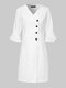 Casual V-neck Bell Sleeve Plus Size Button Dress for Women - White